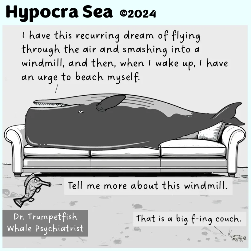 A cartoon whale lies asleep on a large couch, speaking to a small fish psychiatrist named Dr. Trumpetfish. The whale…