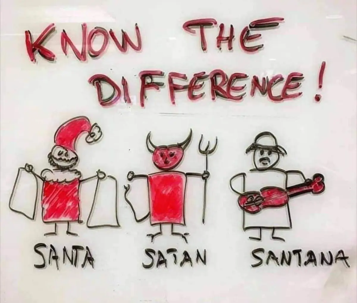 A child's drawing on a whiteboard shows three stick figures labeled 'SANTA', 'SATAN', and 'SANTANA'. The first figure wears…