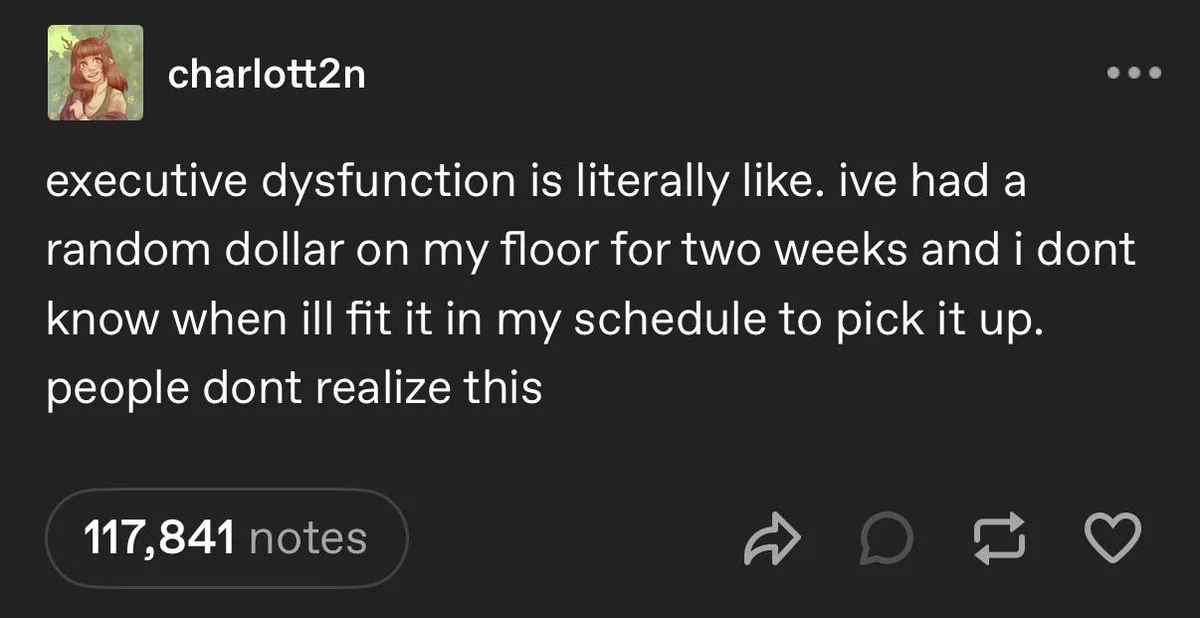 A screenshot of a Tumblr post by user 'charlott2n' with a dark background and white text. The post humorously describes…