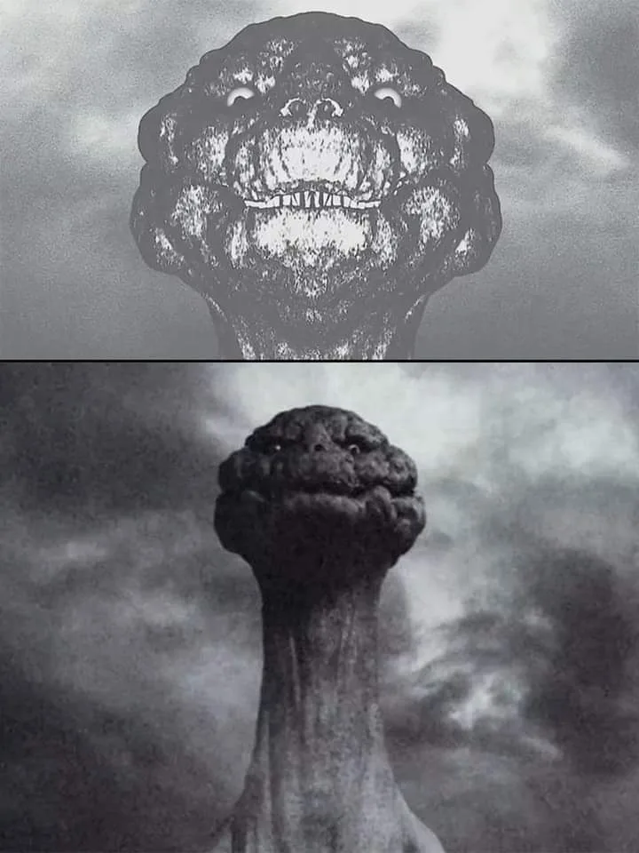 The image is split into two panels showing the same monstrous, textured, head-like object against a cloudy sky. The top…