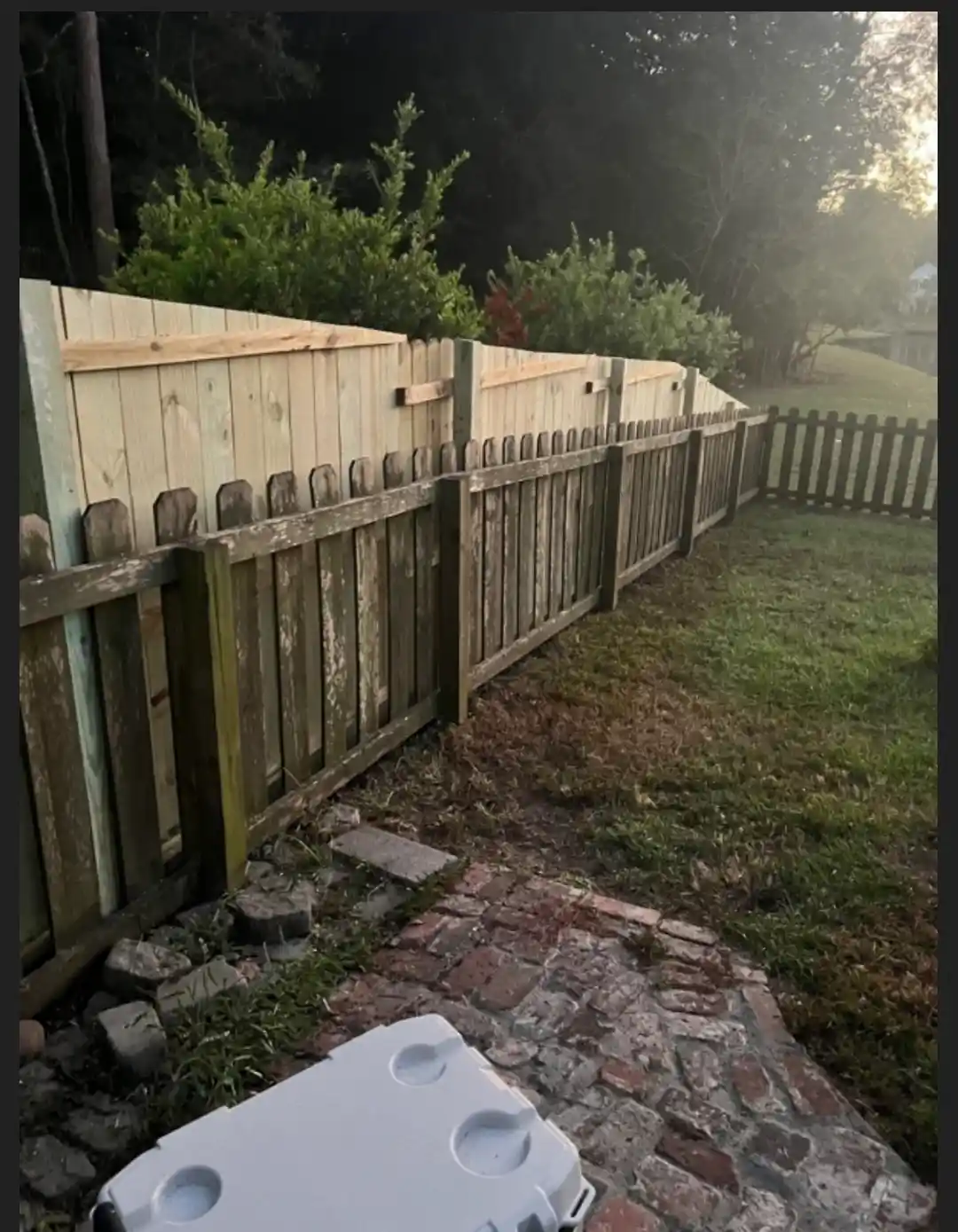 A backyard scene at dusk showing a newly installed light-colored wooden fence next to an older, darker wooden picket fence…