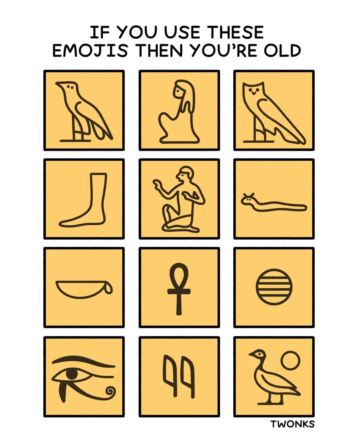 The image displays a grid of 12 ancient Egyptian hieroglyphs, each drawn in a simple black outline on a yellow square…