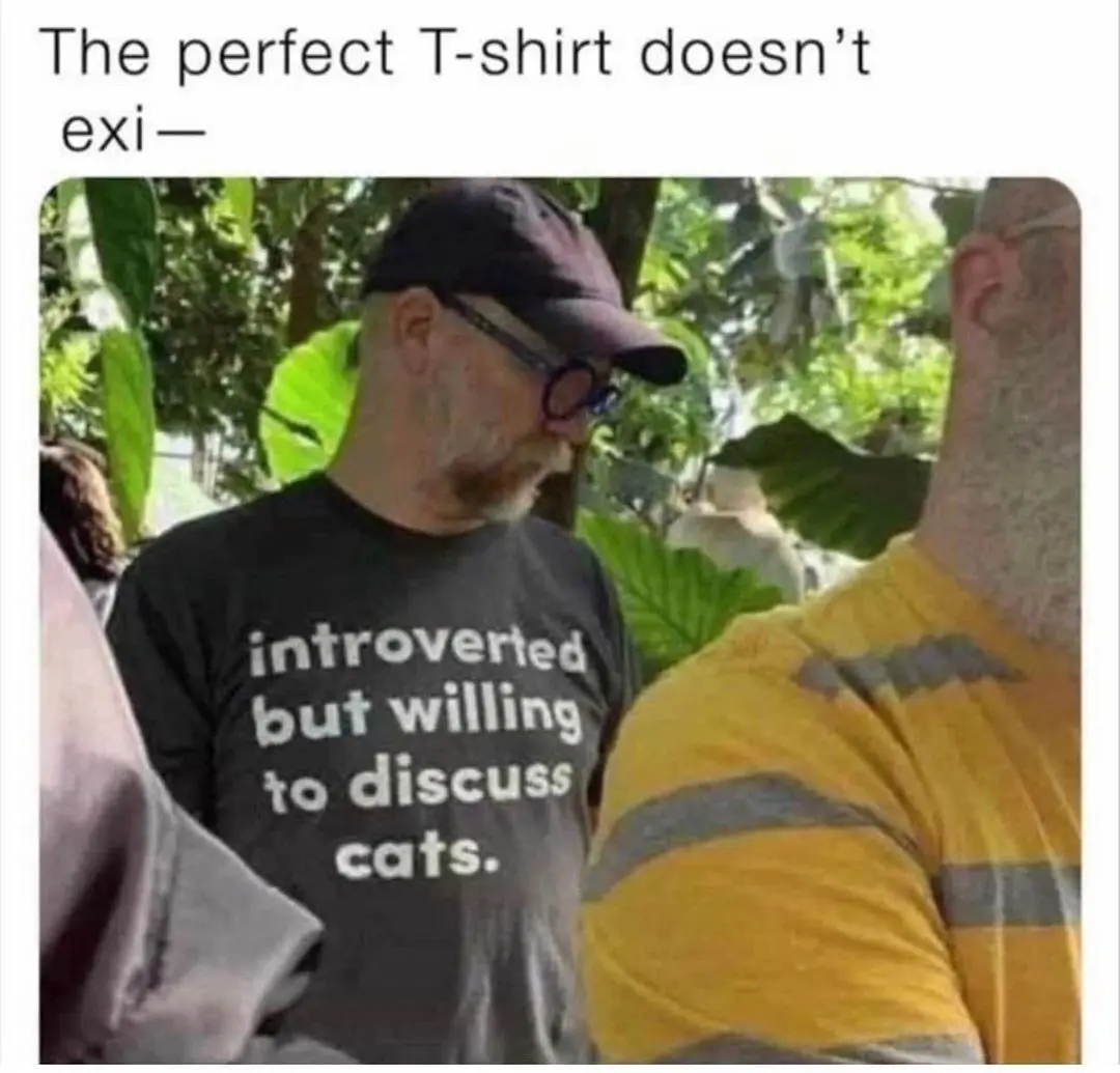 A man wearing a black t-shirt with white text that reads 'introverted but willing to discuss cats.' He is looking down and…