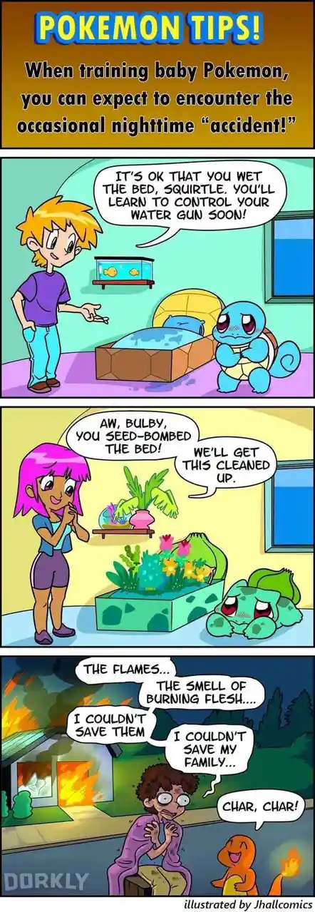 A three-panel comic titled 'POKEMON TIPS!' shows a trainer comforting a baby Squirtle for wetting the bed, then a girl…