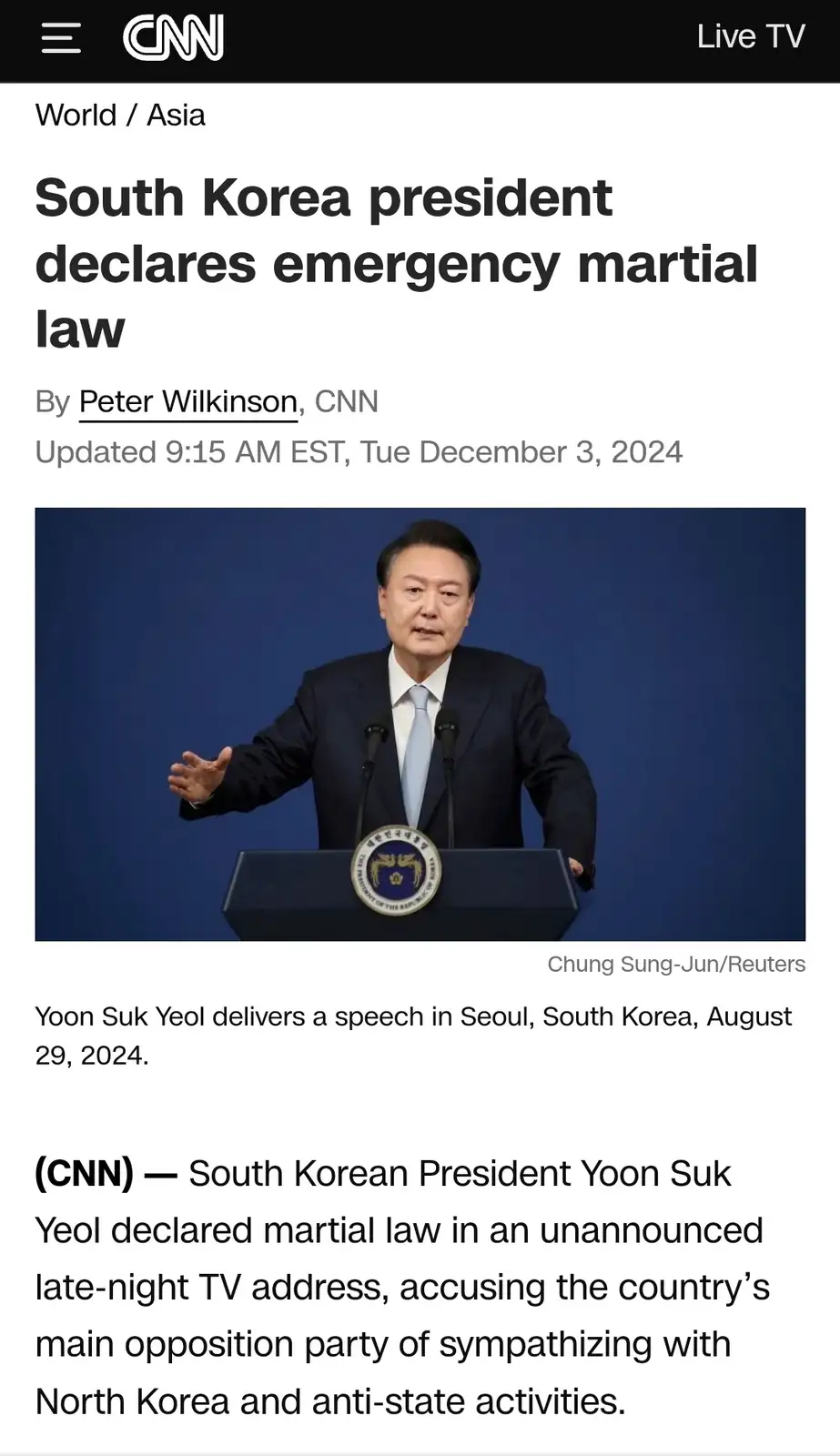 A screenshot of a CNN news article from December 3, 2024, showing a photo of South Korean President Yoon Suk Yeol speaking…