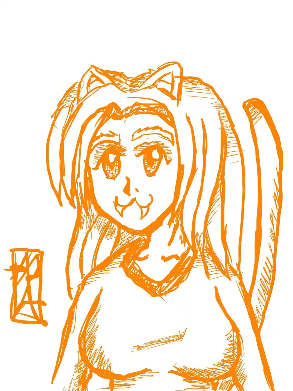 An orange line drawing shows a stylized anime girl with cat ears, a cat tail, and fangs, looking surprised. To her left is a…