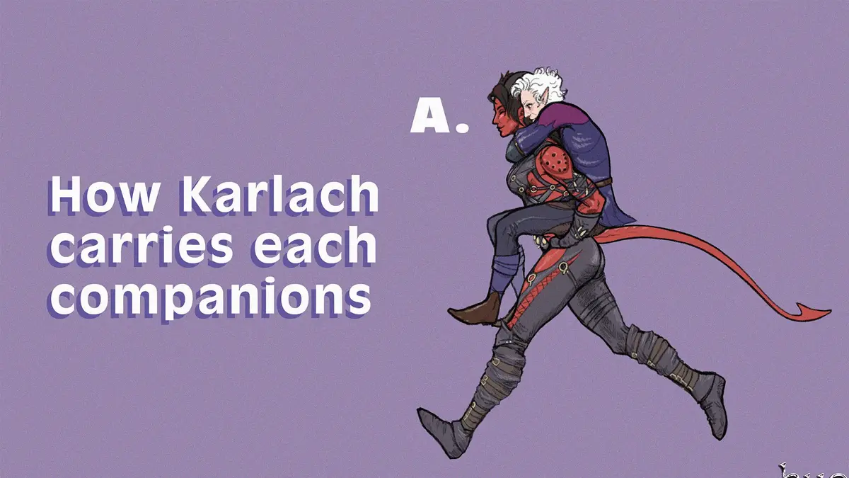 An illustration shows a character with dark skin and red hair carrying a white-haired elf companion on their back while…