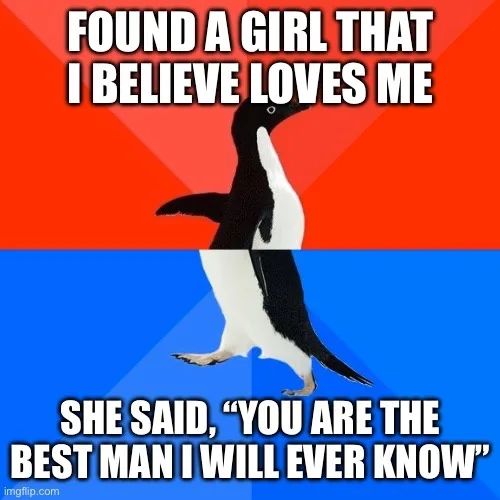 An image of a penguin walking confidently against a red and blue background, with bold white text at the top reading 'FOUND…