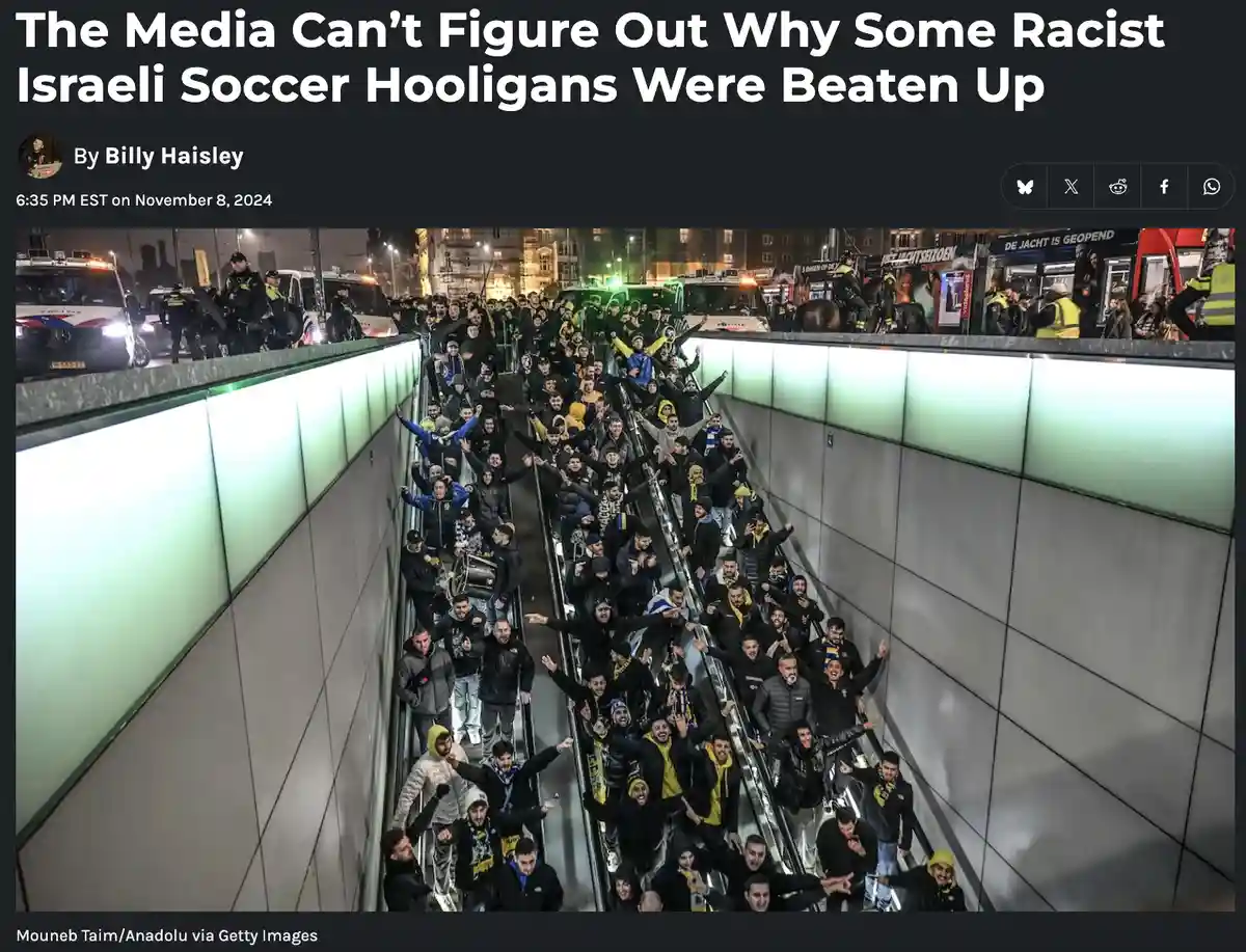 An overhead photo shows a large crowd of cheering soccer fans on escalators in a brightly lit underground station…