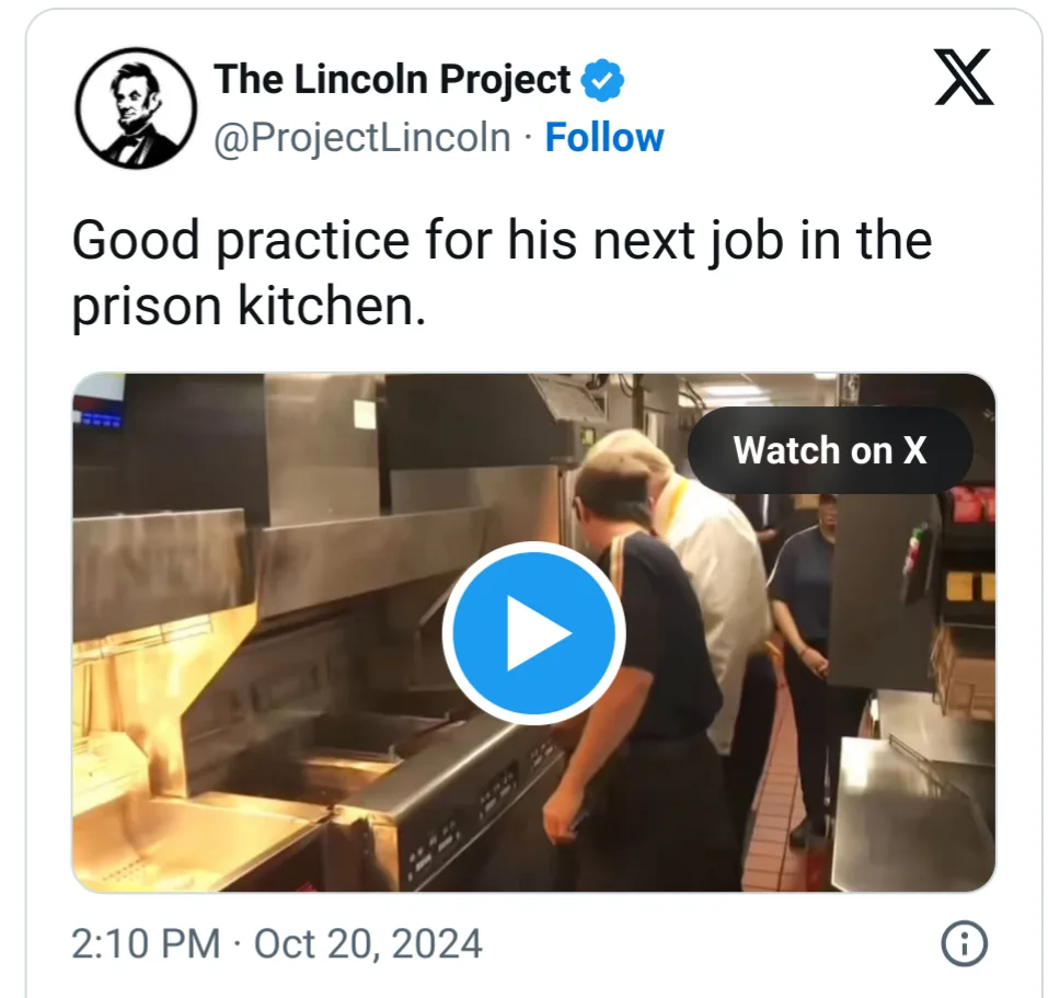 A screenshot of a tweet from 'The Lincoln Project' showing a video thumbnail of a man in a kitchen, with overlaid text…