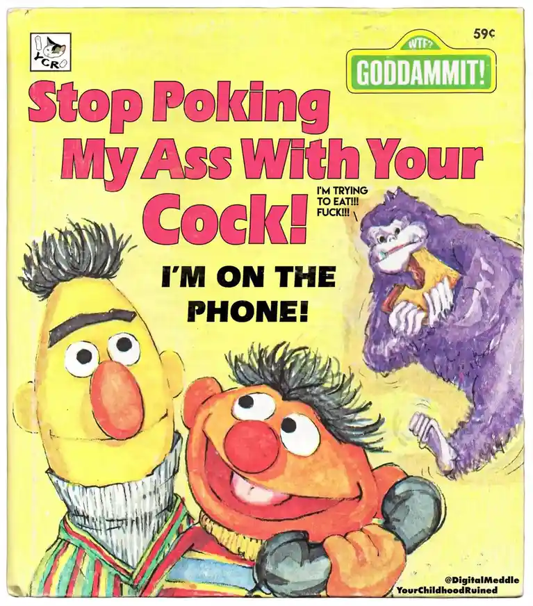 The image is a digitally altered comic book cover parody featuring Bert and Ernie from Sesame Street. Ernie holds a phone…