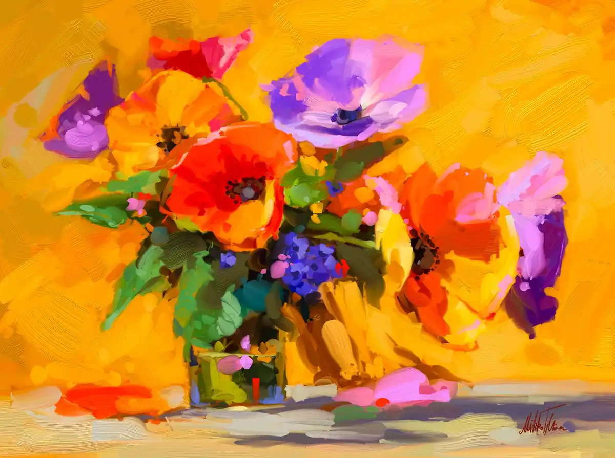A vibrant, painterly digital artwork depicts a colorful bouquet of flowers in a vase against a textured yellow background…