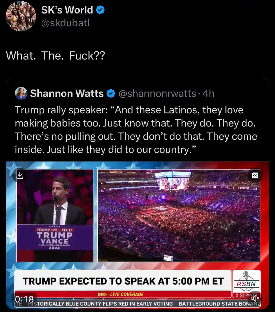A screenshot of a Twitter post by 'SK's World' reacting to a tweet from Shannon Watts. The tweet quotes a Trump rally…