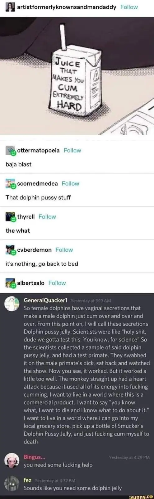 A cartoon drawing of a juice box labeled 'JUICE THAT MAKES YOU CUM EXTREMELY HARD' is shown above a screenshot of a Reddit…