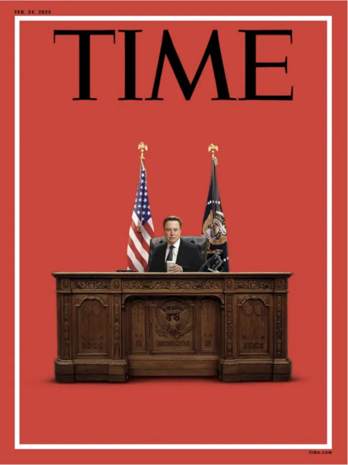 The image is a digitally altered Time magazine cover dated February 24, 2025, featuring Elon Musk seated at a large, ornate…