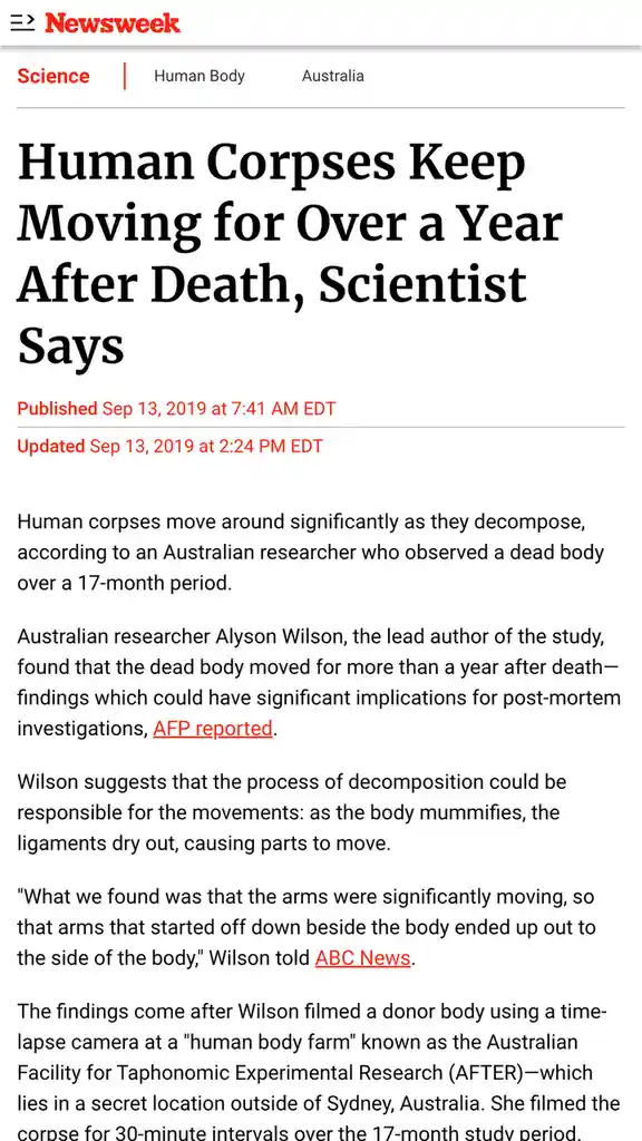 A screenshot of a Newsweek article from September 2019 with the headline 'Human Corpses Keep Moving for Over a Year After…