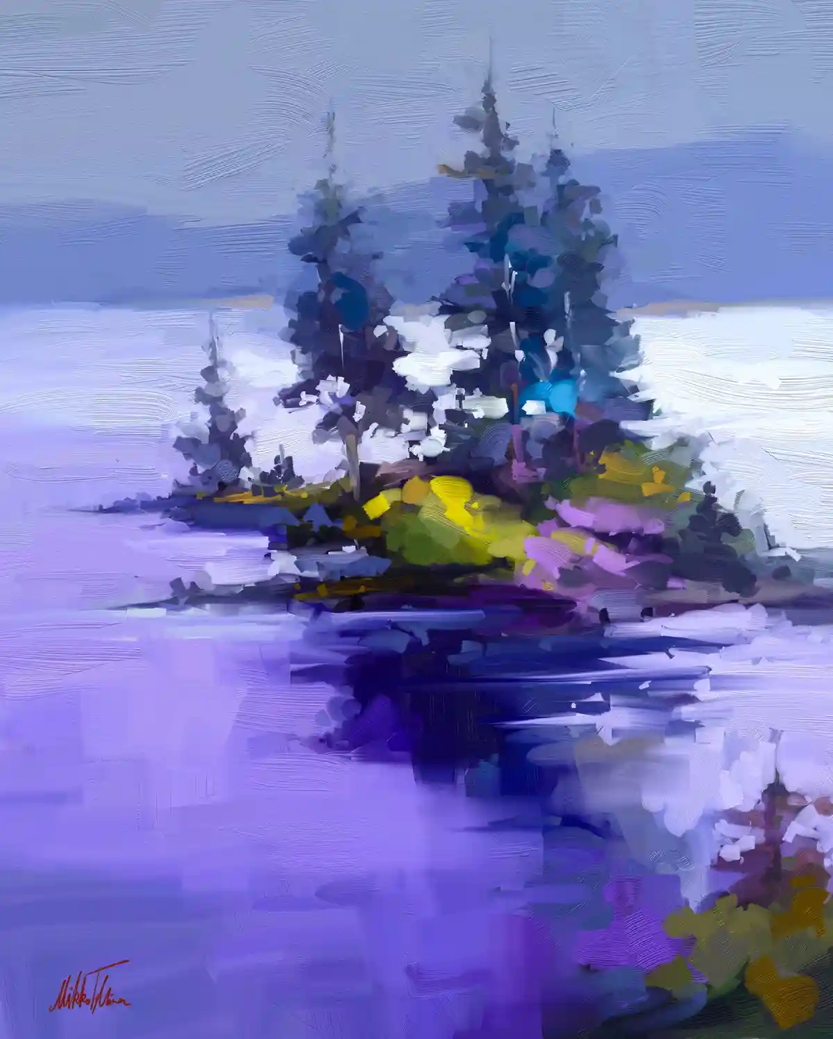 An impressionistic digital painting depicts a cluster of pine trees in a snowy landscape, rendered with thick, visible…