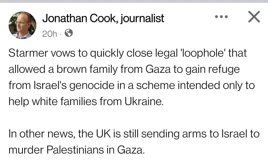 A screenshot of a Facebook post by journalist Jonathan Cook, which reads: 'Starmer vows to quickly close legal 'loophole'…