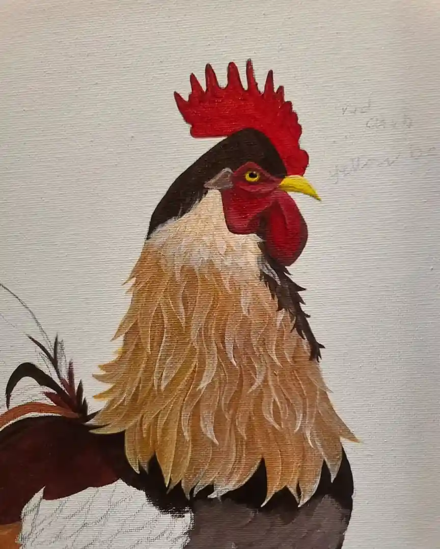 A painted rooster with a red comb, yellow beak, and brown and white feathers is shown in profile. Faint handwritten text in…