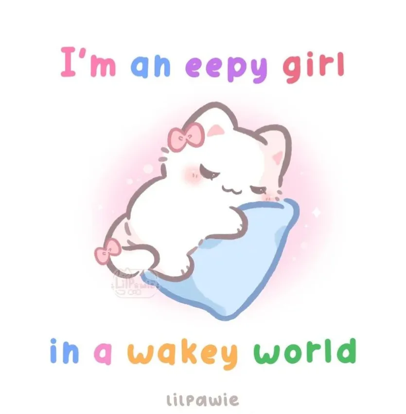 A cute, white cartoon cat with pink bows sleeps curled up on a blue pillow, surrounded by a soft pink glow. The text above…
