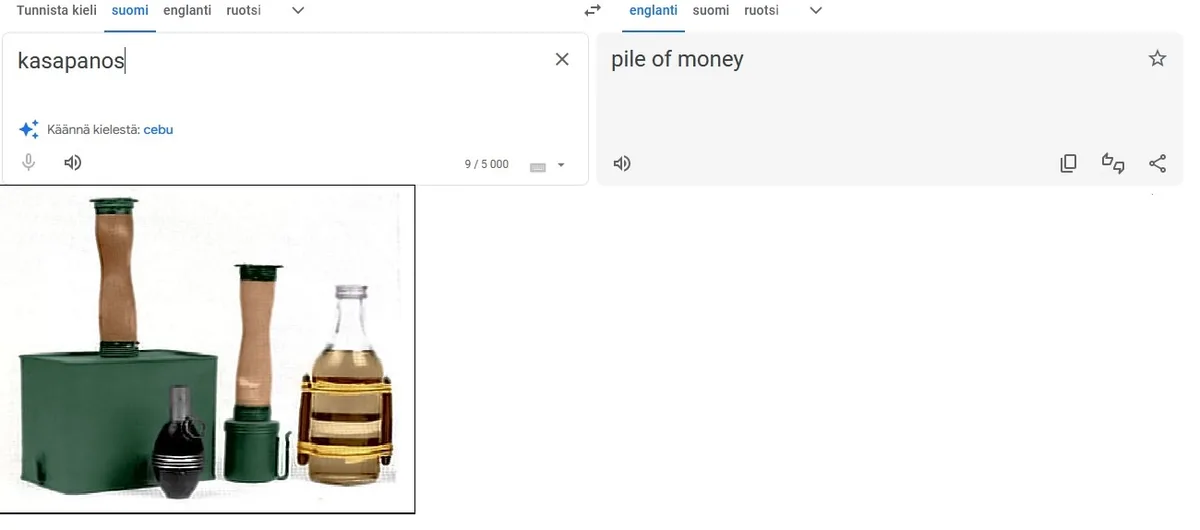 A screenshot of a translation app interface shows 'kasapanos' typed in Finnish, with the English translation 'pile of money'…