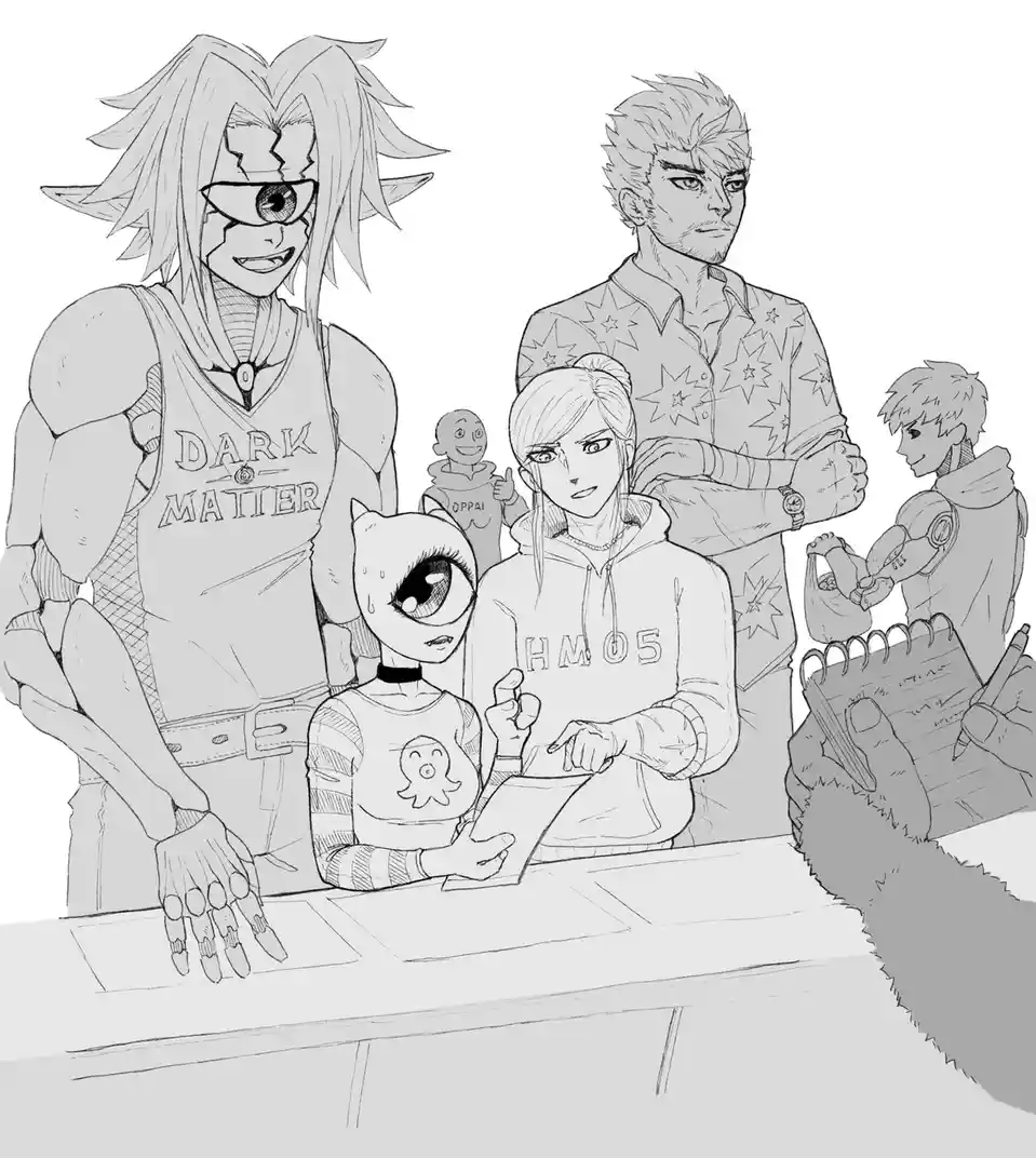 A black-and-white line art drawing shows several anime-style characters gathered around a table, appearing to be signing…