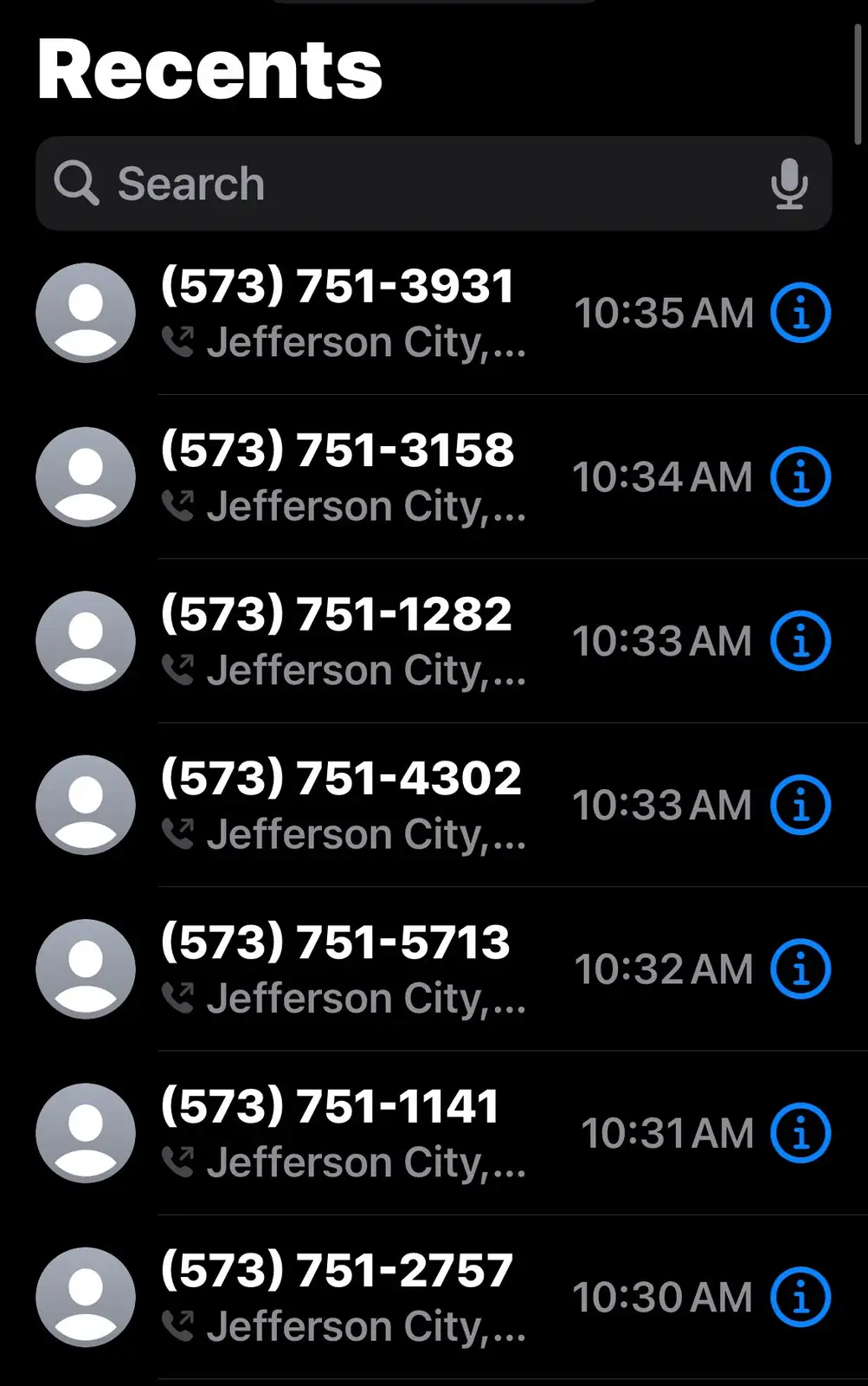 A smartphone call log screen showing 'Recents' with seven recent calls from the same area code (573) and location (Jefferson…