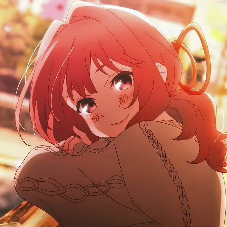 An anime girl with red hair and a braided top is hugging herself tightly, her eyes are watery and she has blush marks on her…