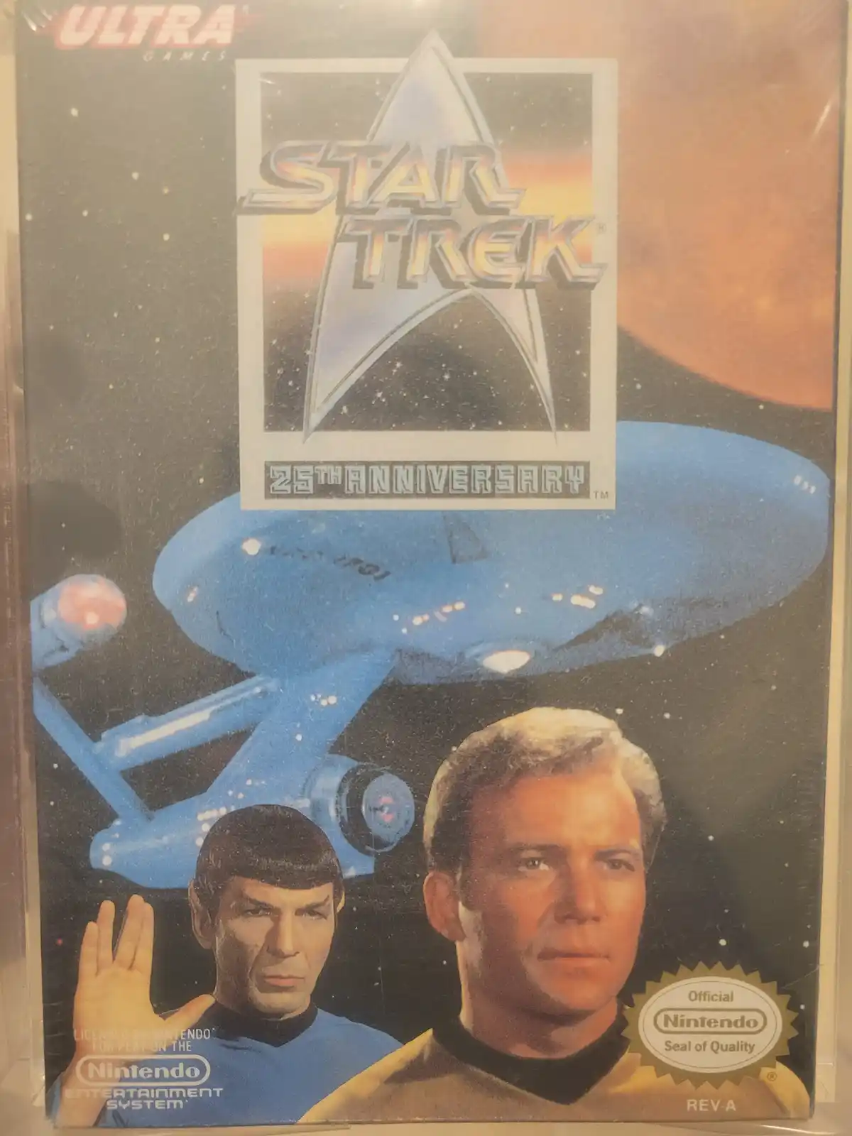 The image shows a vintage Nintendo Entertainment System game box for 'Star Trek: 25th Anniversary,' featuring the iconic…