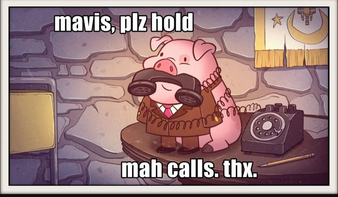 A cartoon pig in a brown suit and tie is sitting at a stone desk holding a vintage telephone receiver to its mouth…