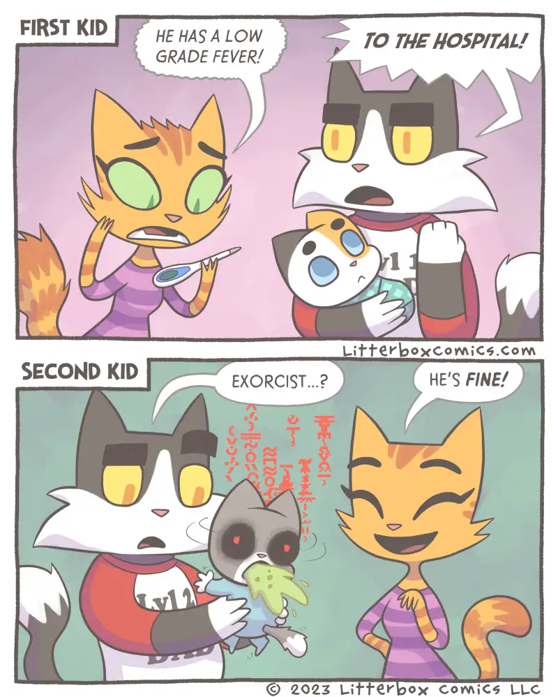 A two-panel comic strip featuring cartoon cats. In the top panel, a mother cat holds a thermometer and says 'HE HAS A LOW…