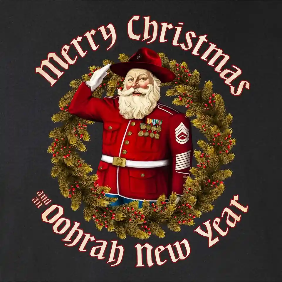 A festive illustration features a Santa Claus figure dressed in a red military uniform with medals and a sergeant's rank…