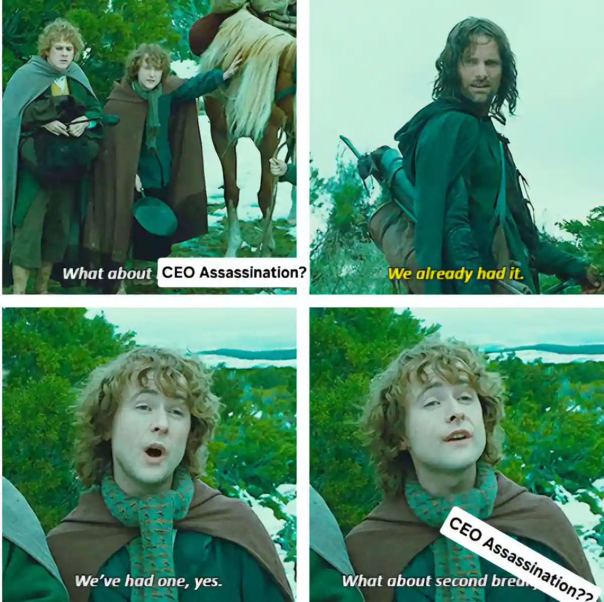 A four-panel meme using scenes from 'The Lord of the Rings' featuring hobbits and a ranger. The first panel shows two…