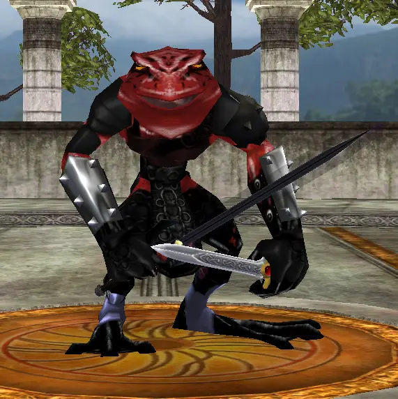 A red, anthropomorphic frog wearing black armor and wielding two swords stands in a combat stance on a circular platform…