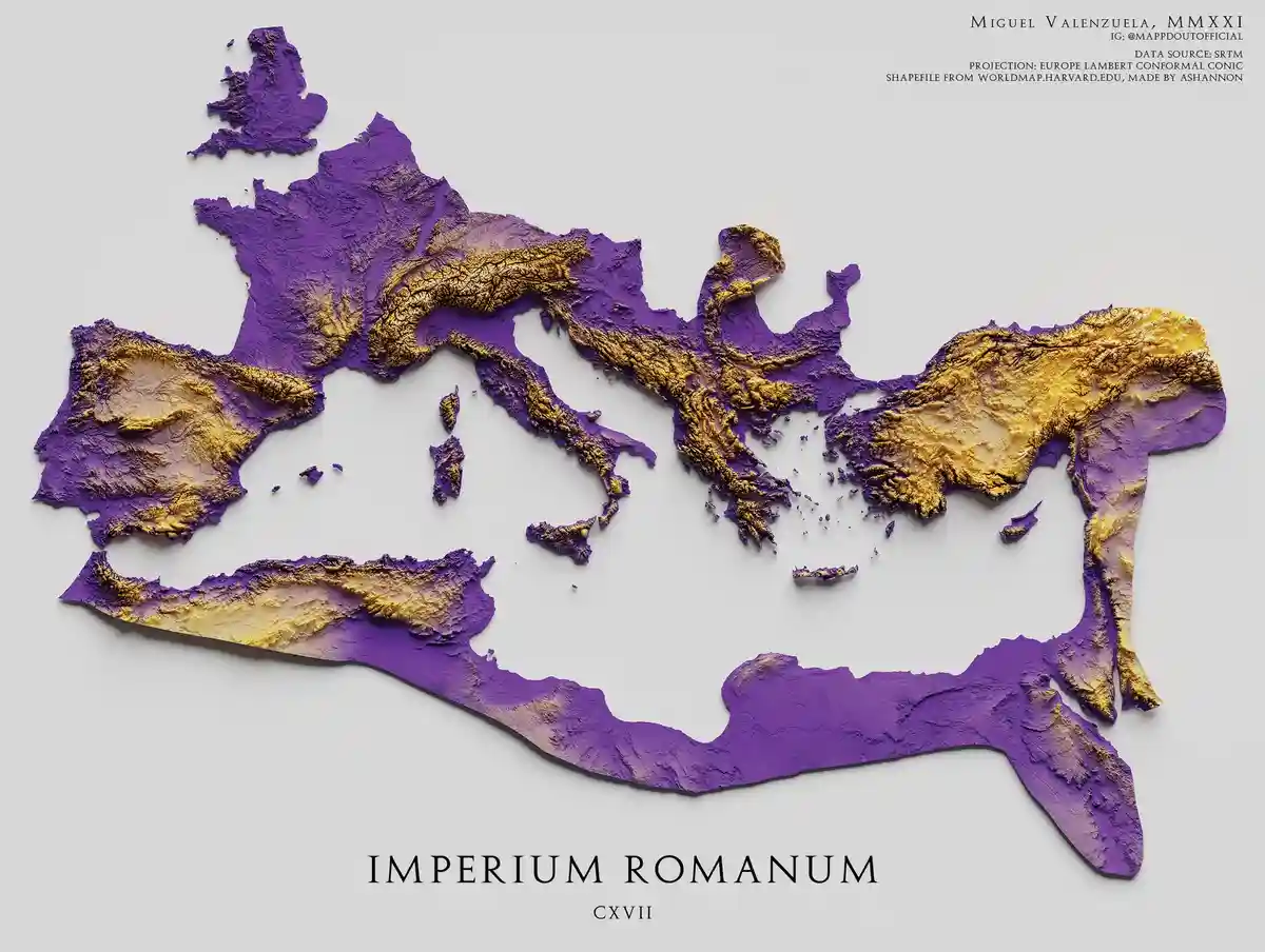 A 3D topographical map of the Roman Empire, rendered in purple and gold with raised terrain details, labeled 'IMPERIUM…
