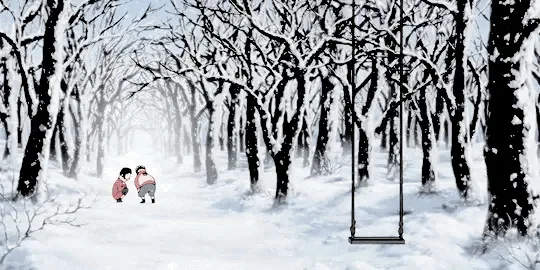 two horizontal panels show a snowy forest with swing sets; in the top panel, children are visible near the swings, while in…