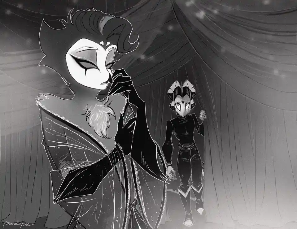 A black-and-white anime-style illustration shows two characters on a stage with curtains. The foreground character, with…