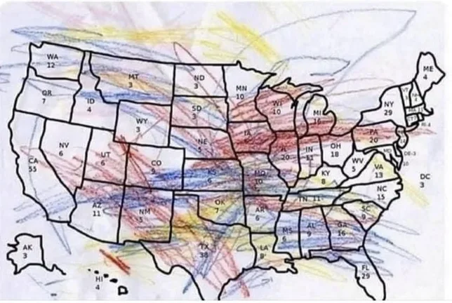 a hand-drawn map of the united states with each state outlined and labeled with a number, overlaid with colorful scribbles…