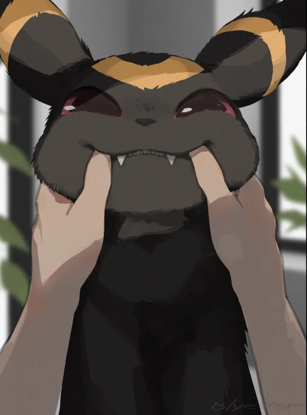 An anime-style illustration of a dark-furred, fox-like creature with large ears and red eyes, being held by two human hands…