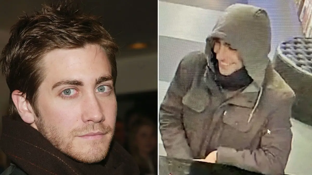 The image is a side-by-side comparison: on the left, a clear photo of actor Jake Gyllenhaal with his characteristic blue…