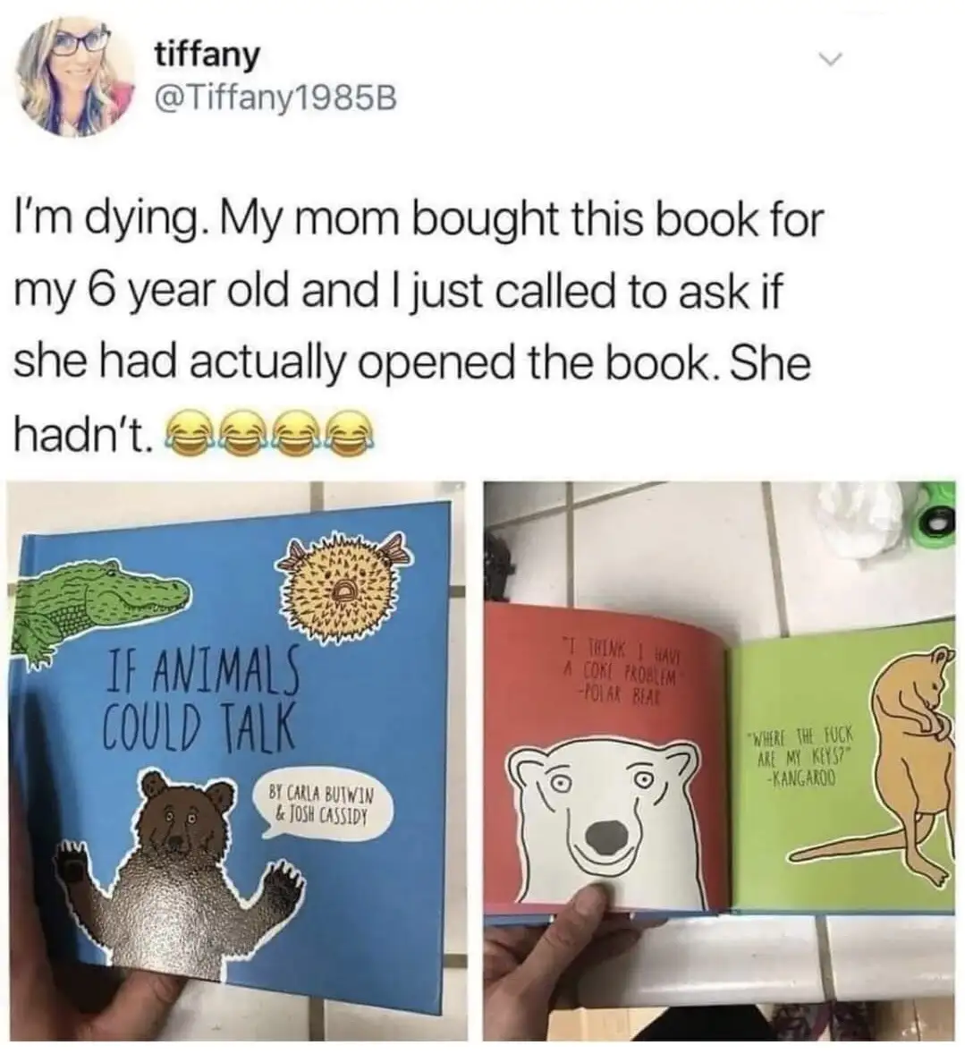 A social media post shows a children's book titled 'If Animals Could Talk' with cartoon animals on the cover. The inside…