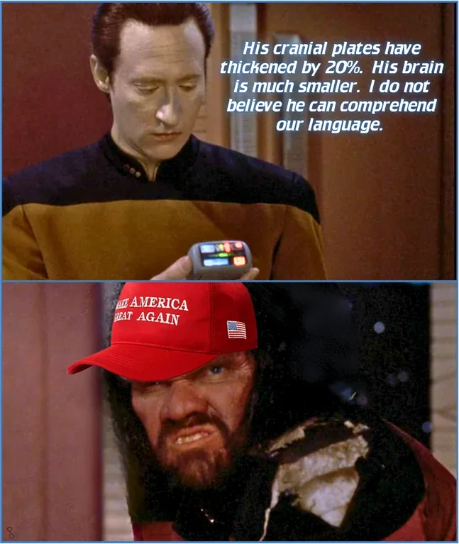 The top panel shows a Star Trek character in a uniform holding a tricorder, with text stating his cranial plates have…