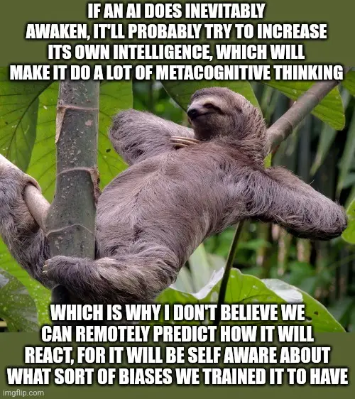 A sloth is hanging lazily from a tree branch in a lush green forest, appearing very relaxed and slow-moving. The image has…