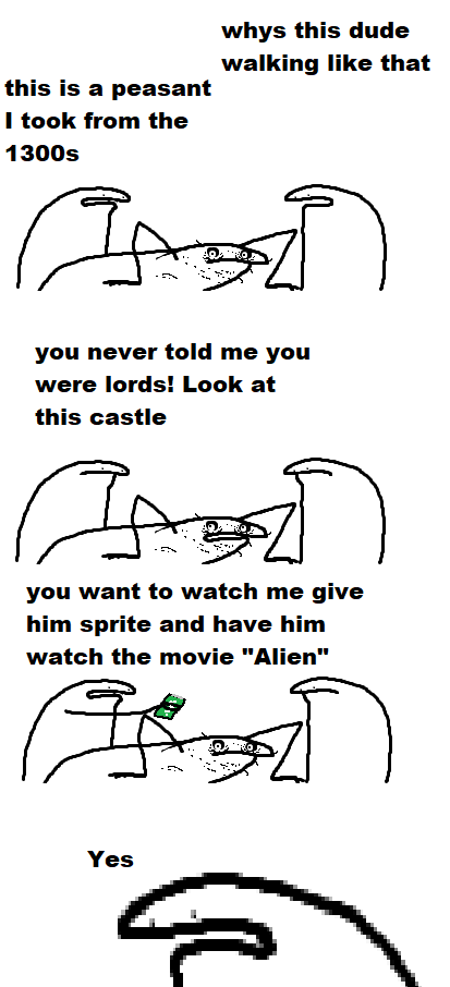 A four-panel comic strip featuring a crudely drawn, grumpy-looking cat in a medieval setting. The first panel shows the cat…
