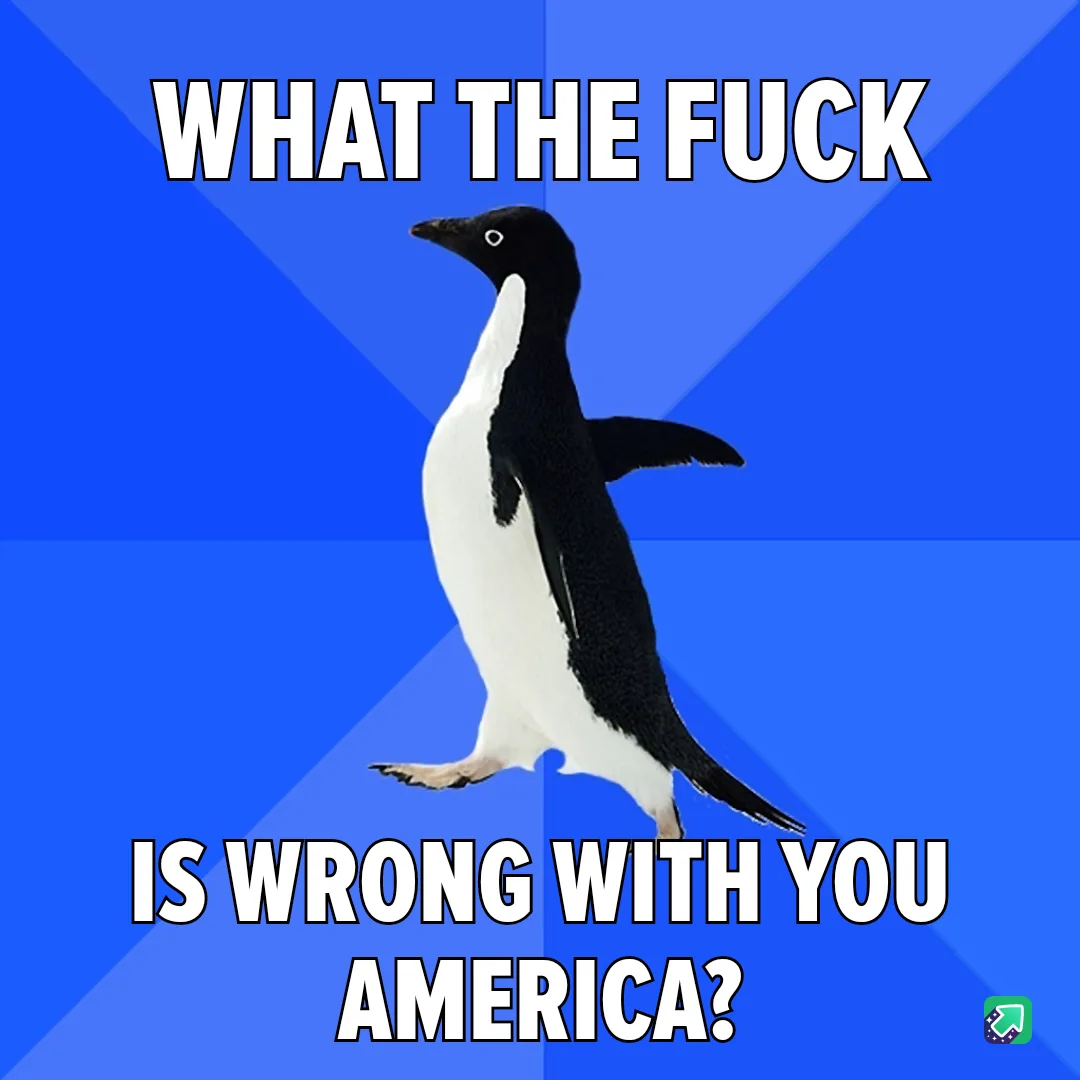 A black-and-white penguin stands against a blue background with diagonal lines, looking sideways with a confused or annoyed…