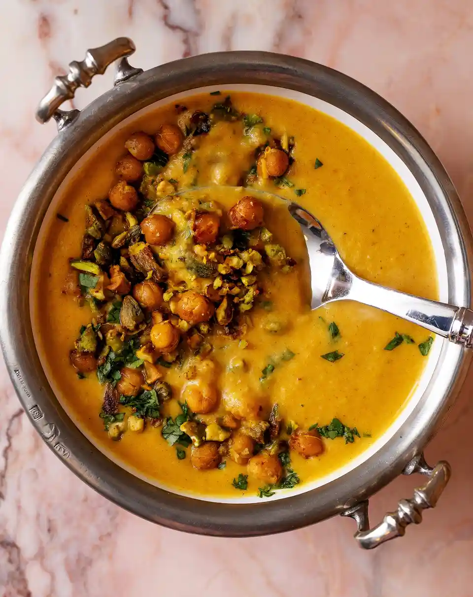 An overhead shot of a silver bowl filled with a creamy yellow chickpea curry, garnished with chopped green herbs and roasted…