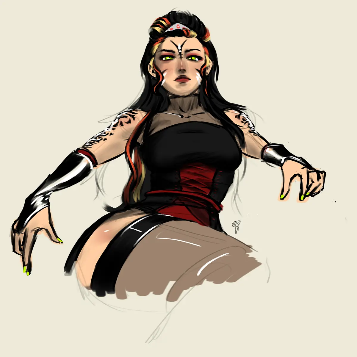 A digital illustration of a woman with long black hair, green eyes, and tribal-style face paint, wearing a black top, red…