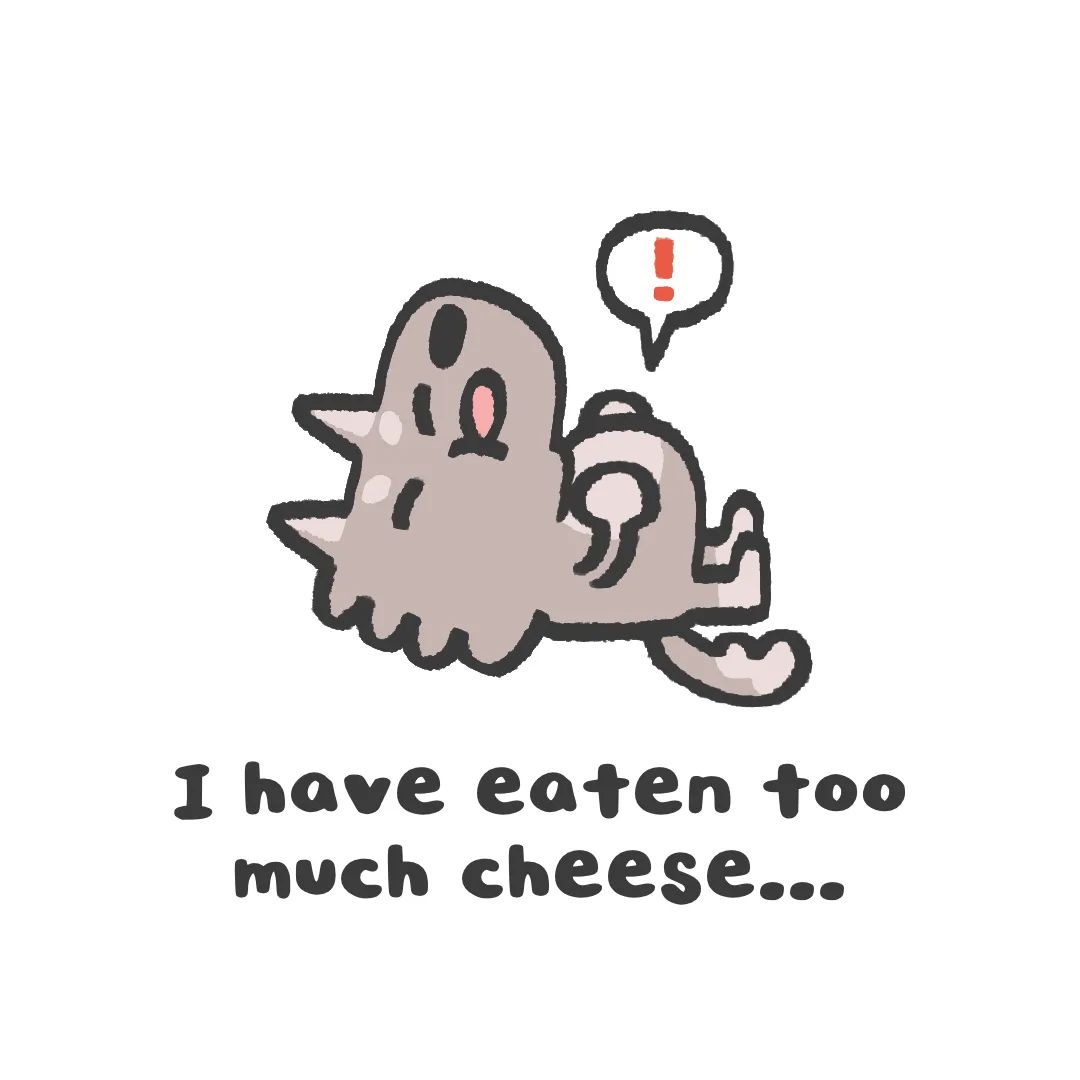 A cartoon ghost with a surprised expression and an exclamation mark in a speech bubble lies on its side, looking dazed…