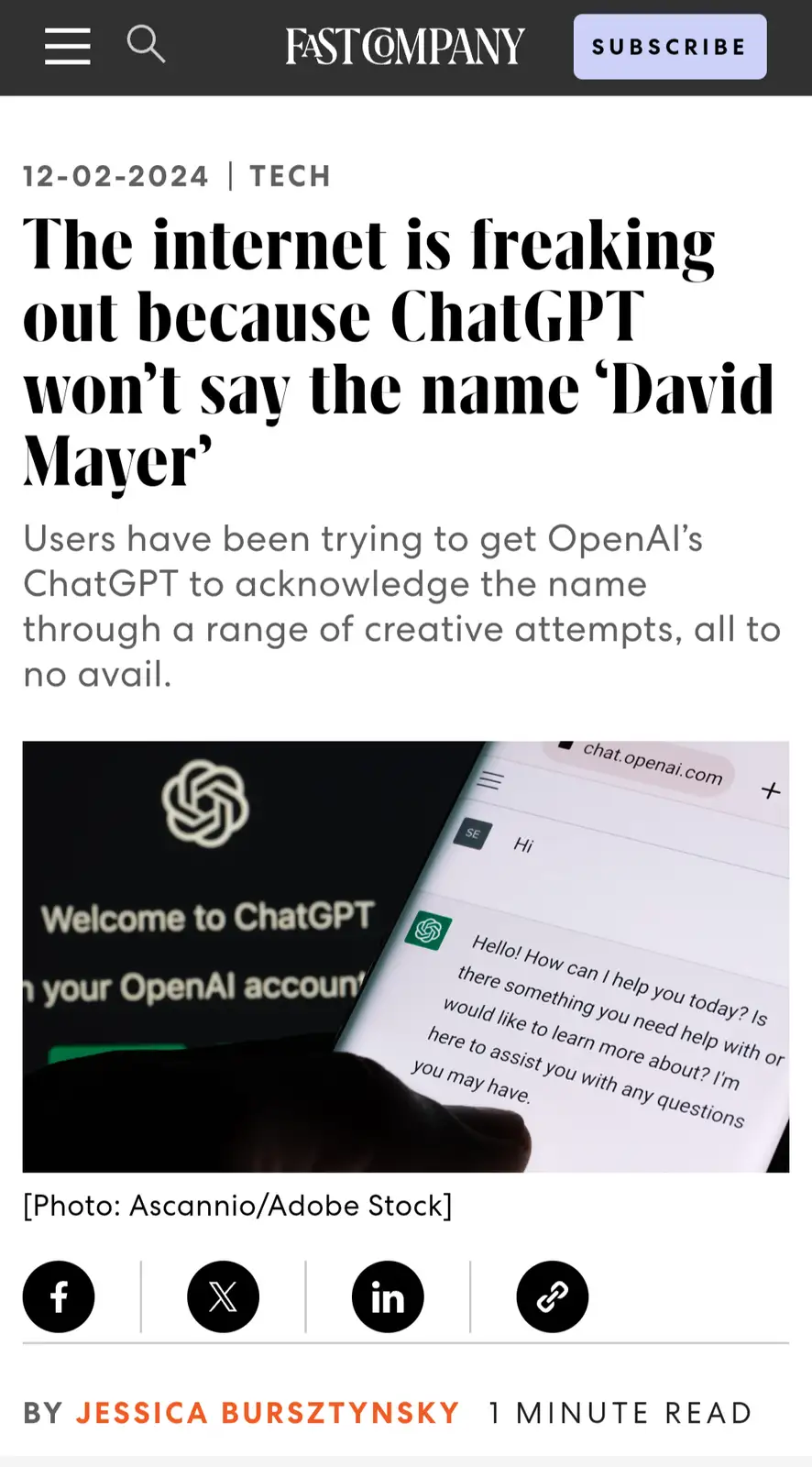 A screenshot of a Fast Company article dated 12-02-2024 with the headline 'The internet is freaking out because ChatGPT…