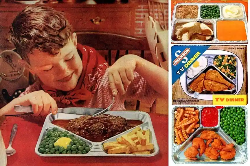 A vintage advertisement shows a smiling young boy happily eating a meatloaf TV dinner with peas and fries from a metal tray…